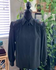 Vintage 80s Joseph Ho Black Silk Beaded Shoulder Long Sleeve Button Up Shirt Top