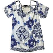 Aakaa Women's Blue & White Bohemian Print Cold Shoulder Lined Dress Size S