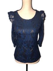 Vero Moda Womens Size S Top Lace Blue Metallic Puff Sleeve Gold Sheer Knit Shirt