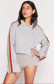 Cropped Raw Hem “We Are One” Sweatshirt Gray Rainbow Size S