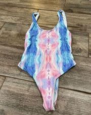 Palms Away Blue And Pink Watercolor One Piece Swimsuit Size Small