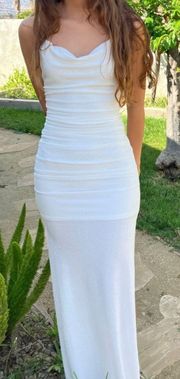 White Ivory Shimmer Glitter Chain Halter Maxi Dress