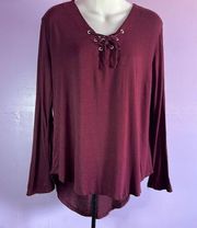 RUE21 maroon Long Sleeve Front Lace V-Neck Blouse Size XL