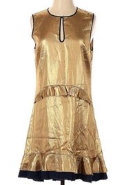 NWOT  Mini Dress Hammered Metallic Gold Silk Sleeveless Ruffles 8