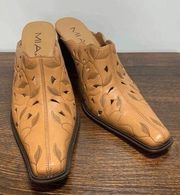 Mia Women’s Vicki Laser Cut Leaf Pattern Slip-On Leather Mules Tan Size 9.5M