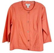 Peck & Peck Small Jacket Cardigan Peach Pink Linen Cotton Crew Neck Buttons 1108