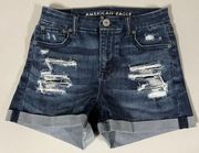 American Eagle Dark Blue Distressed Stone-Washed Cuffed High-Waisted Denim Jean Shorts Bottoms Size 0 🤍