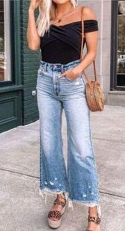 Abercrombie & Fitch Distressed Ultra High Rise Cropped Wide Leg Jeans Raw Hem