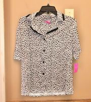 Cheetah Print Button Up Short Sleeve Pajama Top White Black Small