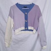 Papermoon Purple Cream Chunky Knit Button Front Cropped Cardigan Sweater small