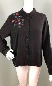 NWT Women's beach lunch lounge Black Floral Embroidered Button Down Top Sz Large