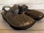 Alegria Perforated Leather Floral Slip On Mary Jane Shoes in Metallic Gray