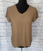 women M v-neck short sleeve blouse tan