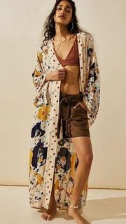 NWT Free People Hidden Hills Maxi Kimono in Ivory Floral Open Duster Robe OS