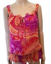 Heart Soul Y2K Orange Red Hippie Boho Indie Western Paisley Mandala Ruffle Top