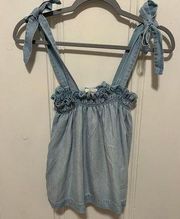 Blue Chambray Denim Ruched Babydoll Bow Tie Tank Top NEW