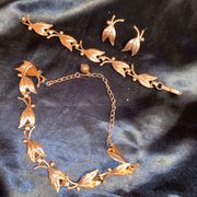 May Company New in Box * Vintage * Copper Color Metal Leaf Earrings, Choker Necklace and Bracelet Set