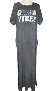 Fantastic Fawn GOOD VIBES Loose Fit Gray T-Shirt Maxi Dress with Pockets Size S