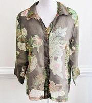 Bamboo Traders Taupe Brown Floral Sheer Shirt ~Large ~Made with Flax Earthy Boho