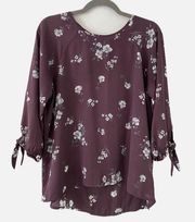 Papermoon Mauve Floral 3/4 Tie Sleeves Zipper Back Blouse Top L Large