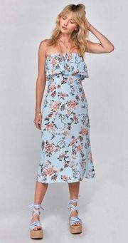 Flynn Skye M Fiona Midi Strapless Floral Dress Blue Ruffle Jersey Knit Sundress