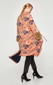 Zara Pink Floral Kimono Duster with Faux Fur Sleeve Accent size Small/Medium