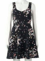 LAUREN CONRAD Black Pink Floral Sleeveless Fit Flare Mini Dress Medium NO BELT