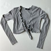 Missguided NWT  long sleeve lettuce tie front ribbed crop top gray size 4