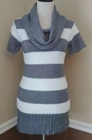 NEW Ashley Gray & White Striped Cowl Neck Short Sleeve Modcloth Tunic Sweater