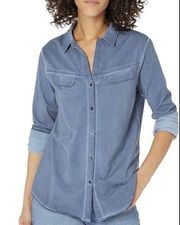 NWT NIC+ZOE Medium Angled Pocket Shirt Cotton Spandex Button Up Blue Long Sleeve