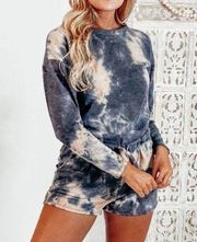 Long sleeve tie dye print romper with shorts, adjustable waist tie