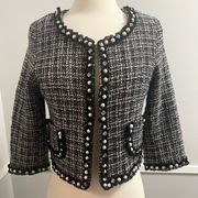 Maje Tweed Blazer Cropped Embellished Faux Pearls and Rhinestones XS