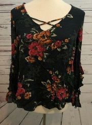 Miss Me floral shirt Tunic Medium Flared Cuffs Lace Up Western Rose Womans