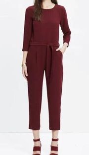 Madewell  Sloan Belted Cropped Jumpsuit Cranberry Maroon Crepe Women’s Size 0