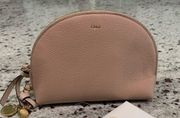 New CHLOE Calfskin Alphabet Round Cosmetic Makeup Case Bag Toiletry Blush Nude