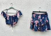 Poupette St Barth Donna Floral Crop Top & High Rise Mini Skirt Set of 2 Blue XS