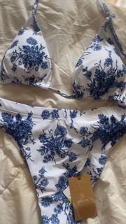blue and white floral old money bikini triangle swimsuit high leg BNWT