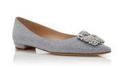 Manolo Blahnik Hangisi Flat Silver Glitter Fabric Jewel Buckle Flat Pumps