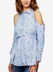 A Pea In The Pod Cold Shoulder Maternity Button-Down Shirt Polka Dot - Blue - XS