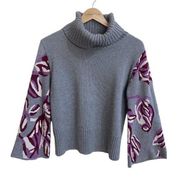 CAbi Eden Sweater 3704 Gray Purple Floral Flare Sleeve Turtleneck Womens XS