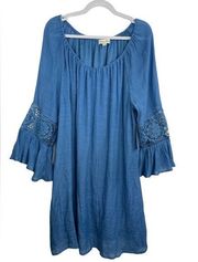 Indigo Rose Peasant Boho Dress with bell crochet detail sleeves blue size 3X