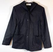 Sandro 100% Wool Grey Peacoat Hooded Button Down Lined Jacket Size 8