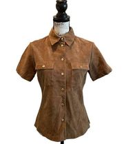 MODA International VS Suede Leather Shirt Brown Small Snap Button Vintage Y2K