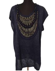 3.1 Phillip Lim Oversize Cover Up Top S Small Blue Linen Scoop Neck Boho Beaded