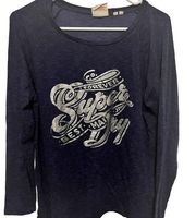 Superdry blue long sleeve shirt with logo in silver size 10