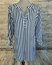 Jane and Delancey Navy Blue White Striped Tunic Roll Tab Sleeve Womens Size 2X