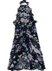 Great Jones Dress Womens 2 Navy Blue Purple Floral Ruffle Hem High Low Maxi Poly