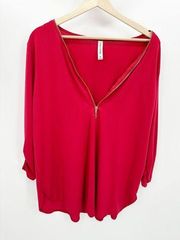 Zenana Outfitters Red Zip Detail Long Sleeve Blouse Women's Size X-Large XL
