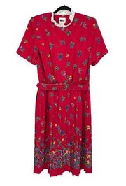 Vintage Leslie Fay Red Floral Belted Dress 16