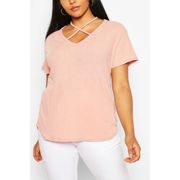 BooHoo Light Blush Pink Cross Front Strap Ribbed Short Sleeve T-Shirt 14